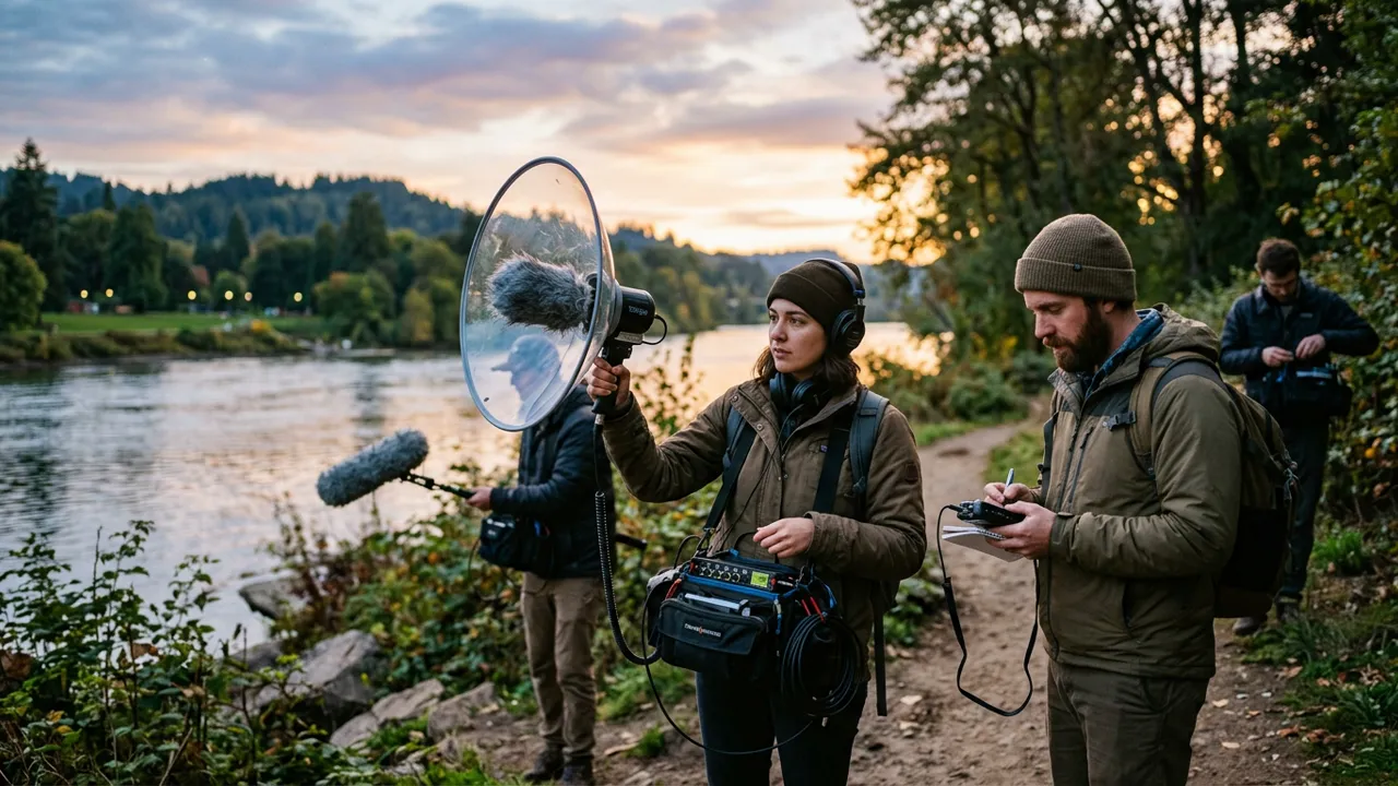 Équipe technique de SOUNDFICTION réalisant des prises de son binaurales sur les bords de Garonne